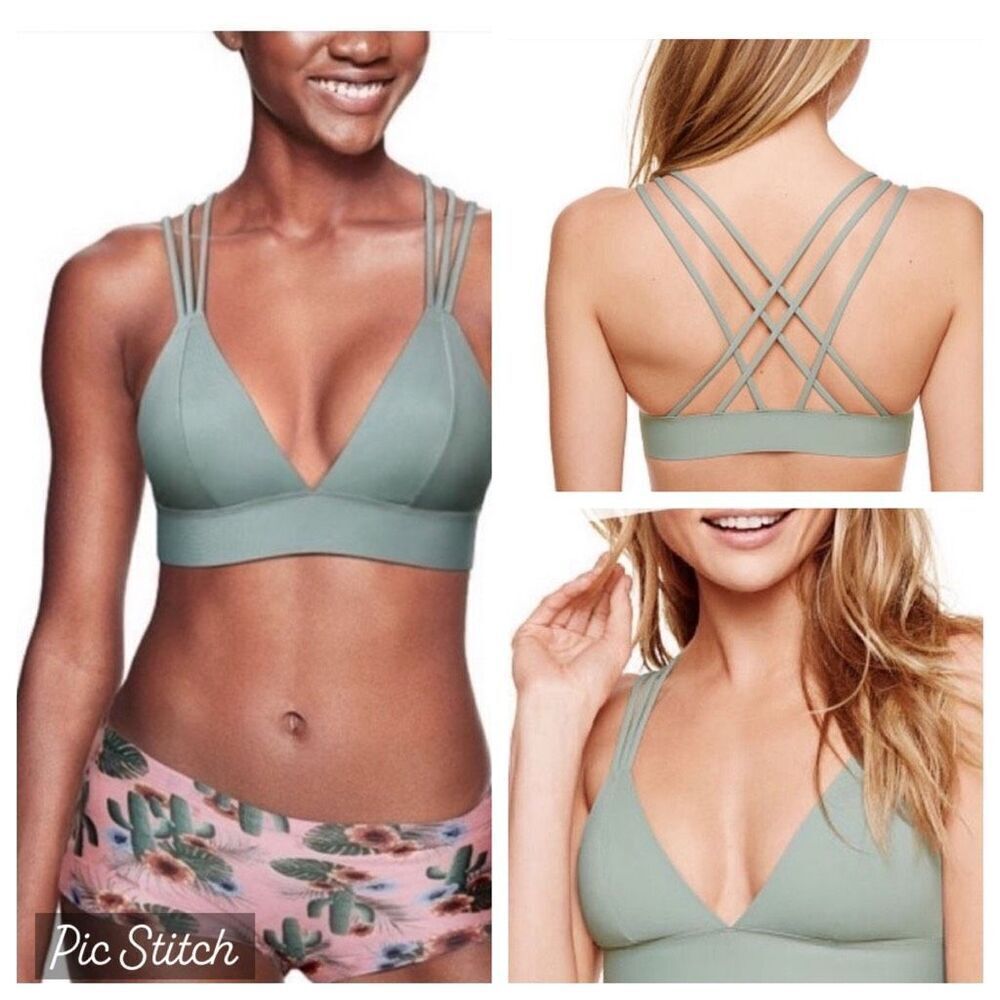 EUC Victoria’s Secret PINK Bonded Strappy Gray/Sage Bralette Size M